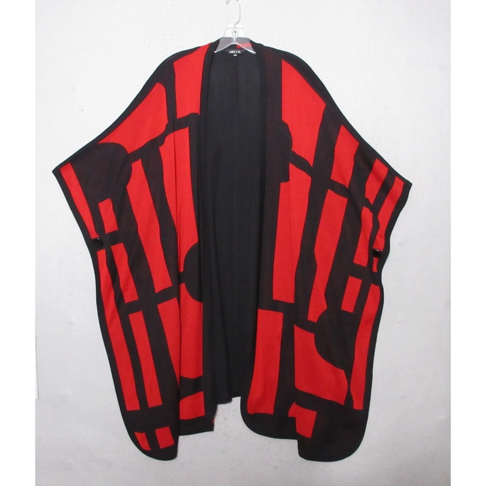 Misook Cardigan M Red Black Geometric Open Front Poncho Cape Wrap Old Money